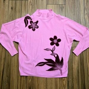 Aaeda Pink Floral Mock Neck Batwing Sleeve Knit Sweater Womens Medium